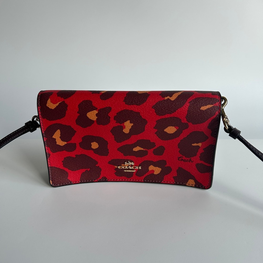 Coach Anna Foldover Red Leopard Print Leather Crossbody Clutch Bag 7301